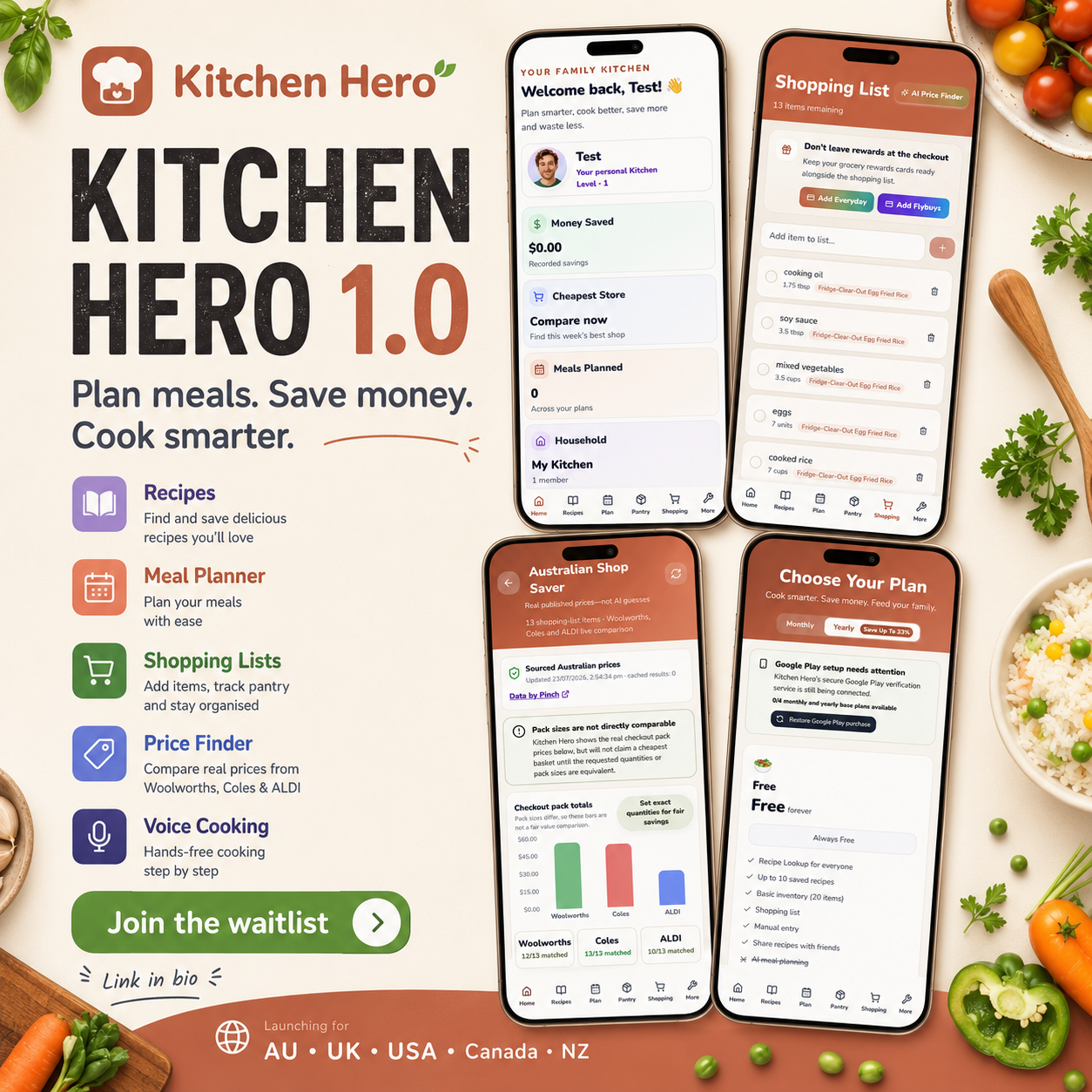 Kitchen Hero app features including recipes, meal planning, shopping lists and voice cooking